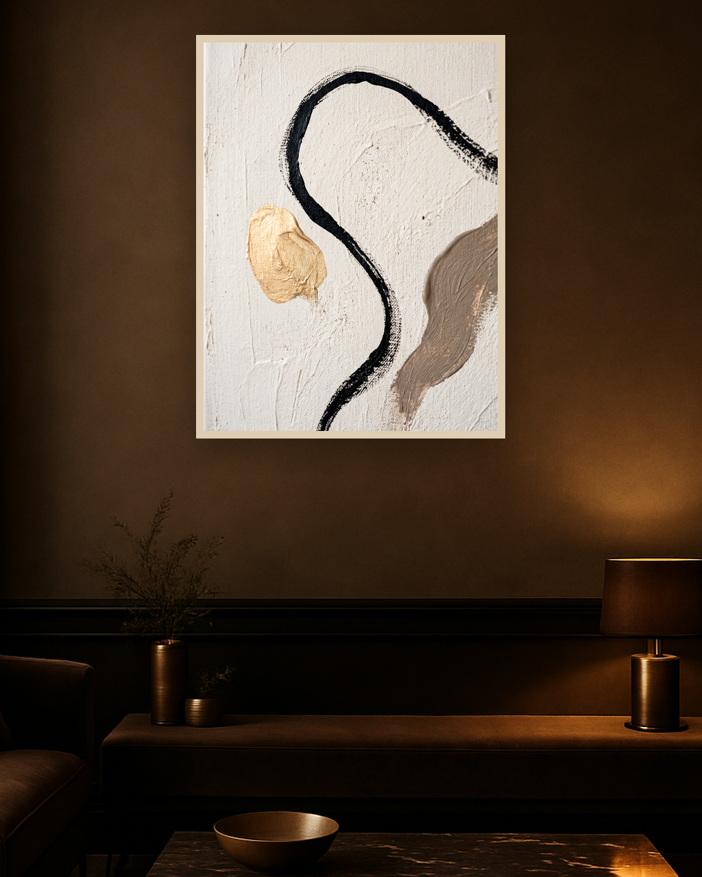Single Thread van Wandkraft op canvas in blanke baklijst, in een verfijnd dark-luxury interieur.