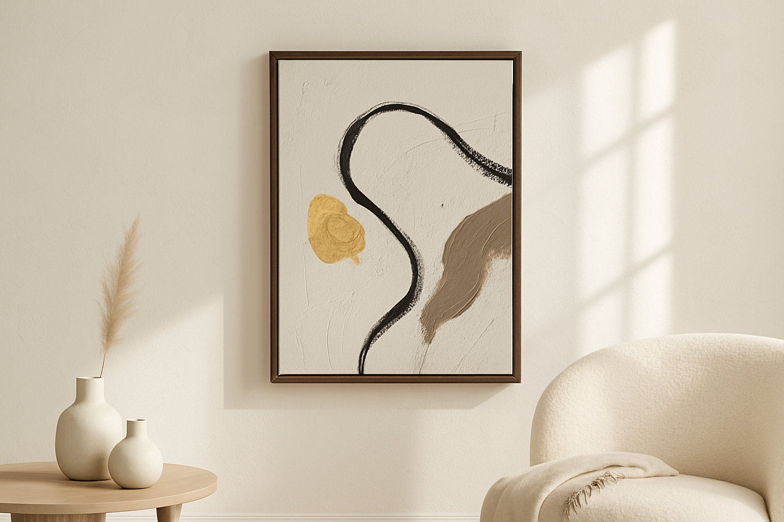 Single Thread van Wandkraft op canvas in wenge baklijst, in een licht Scandinavisch interieur.