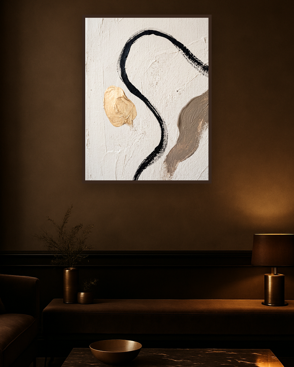 Single Thread van Wandkraft op canvas in wenge baklijst, in een verfijnd dark-luxury interieur.