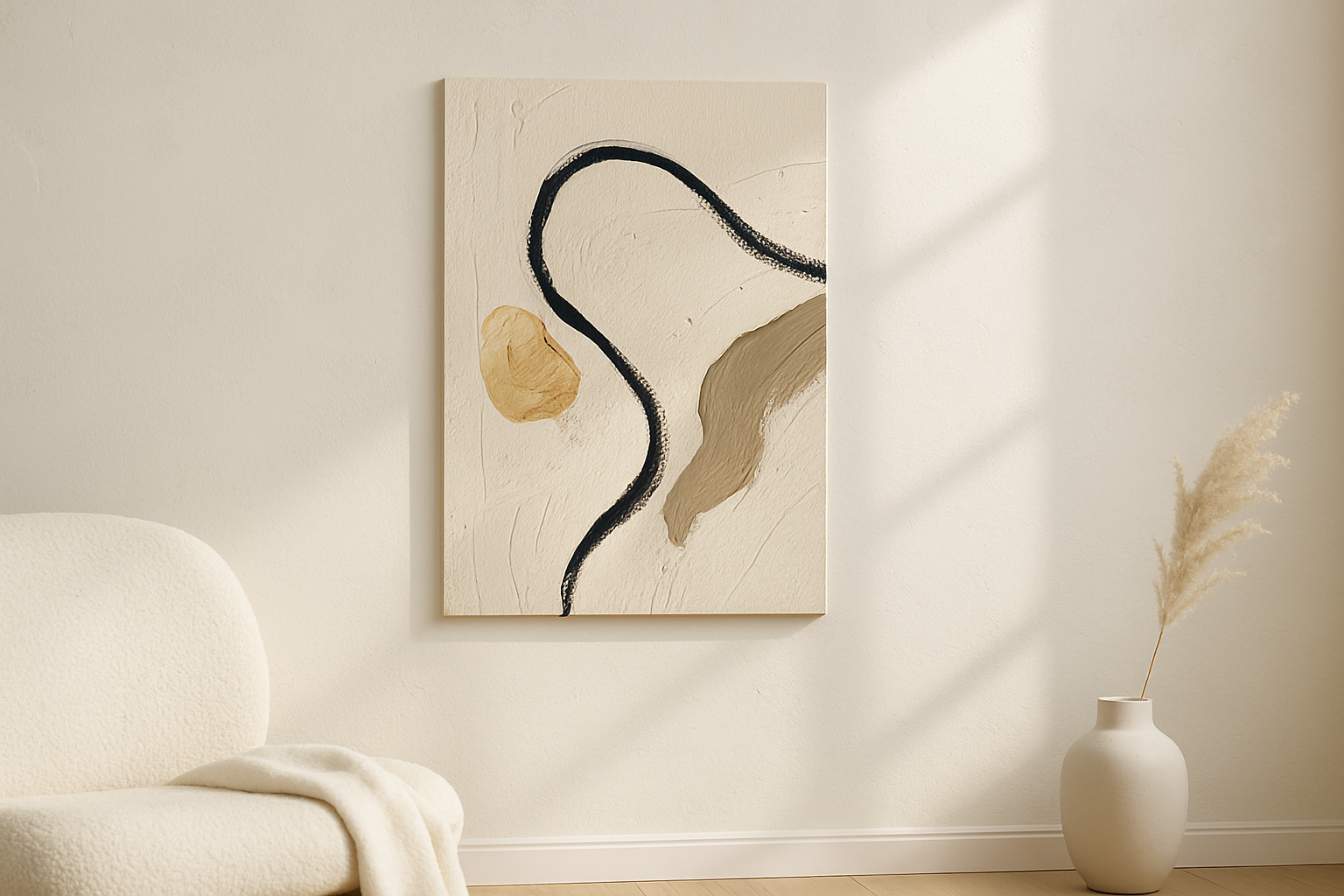 Single Thread van Wandkraft op canvas zonder lijst, vlak aan de muur, in een licht Scandinavisch interieur.
