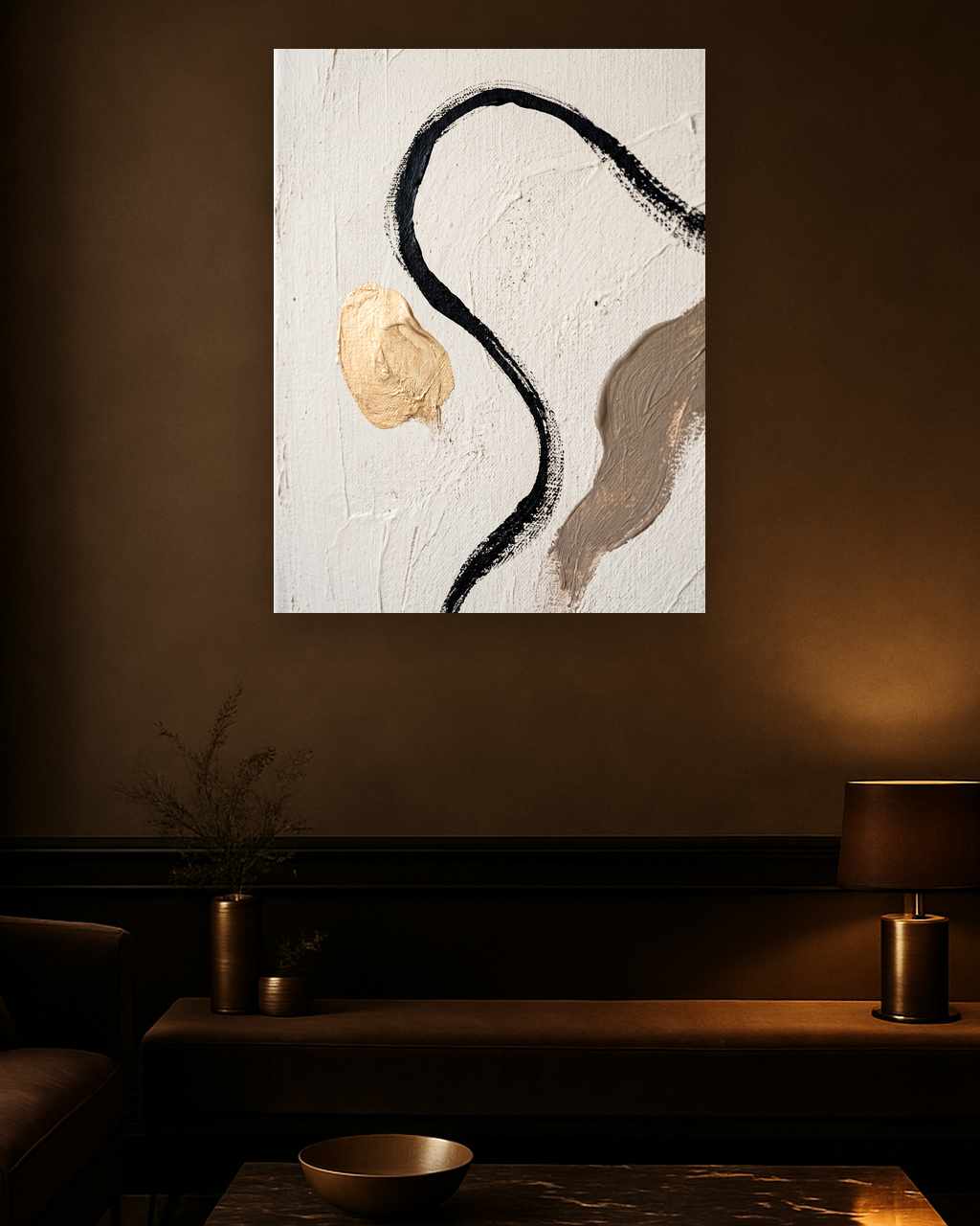 Single Thread van Wandkraft op canvas zonder lijst, vlak aan de muur, in een verfijnd dark-luxury interieur.