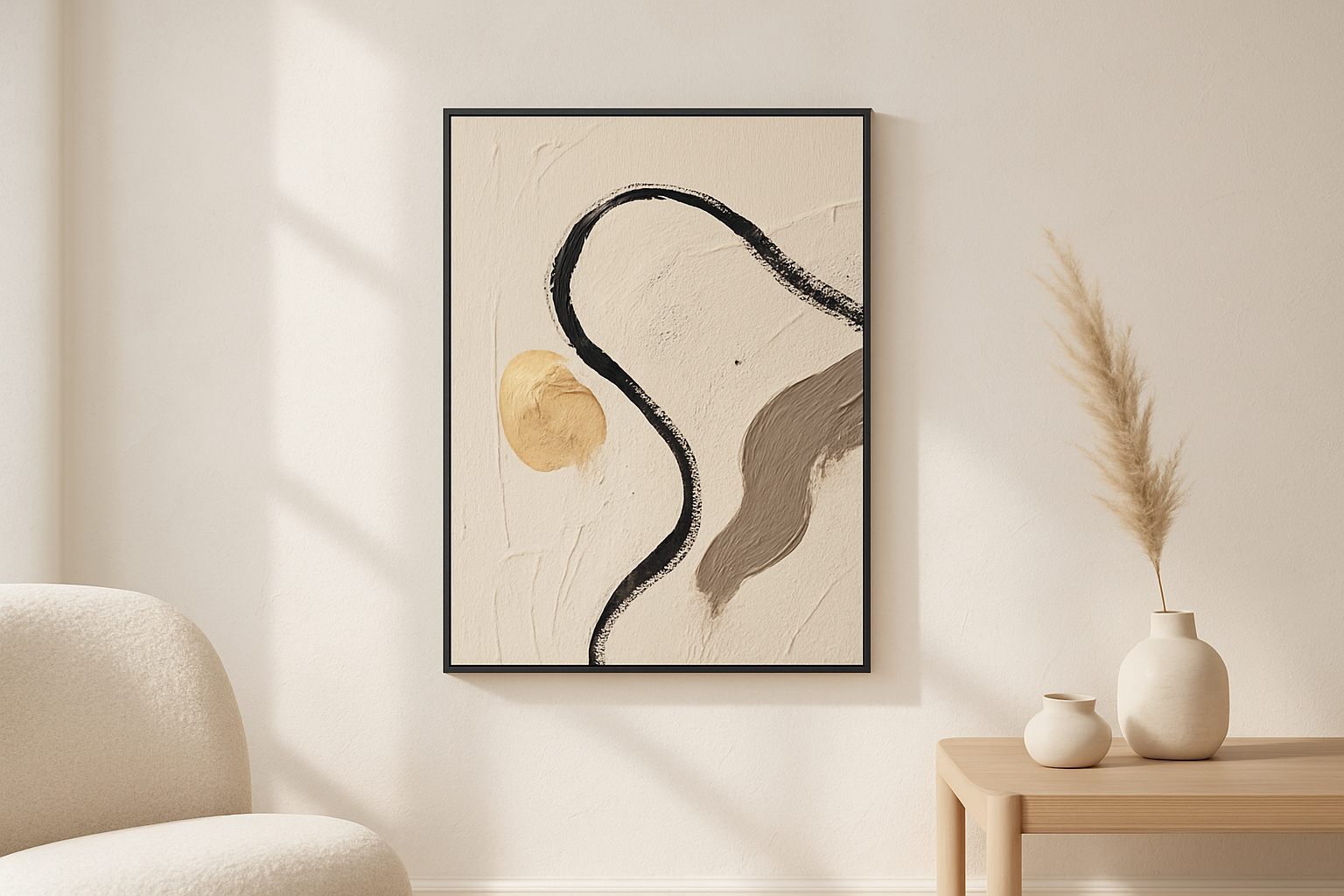 Single Thread van Wandkraft op canvas in zwarte baklijst, in een licht Scandinavisch interieur.