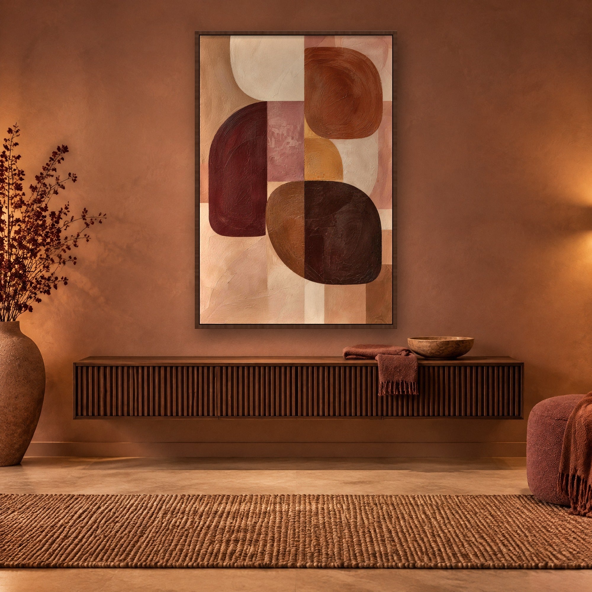 Soft Geometry sfeerbeeld met kastanjebruine baklijst in een hal