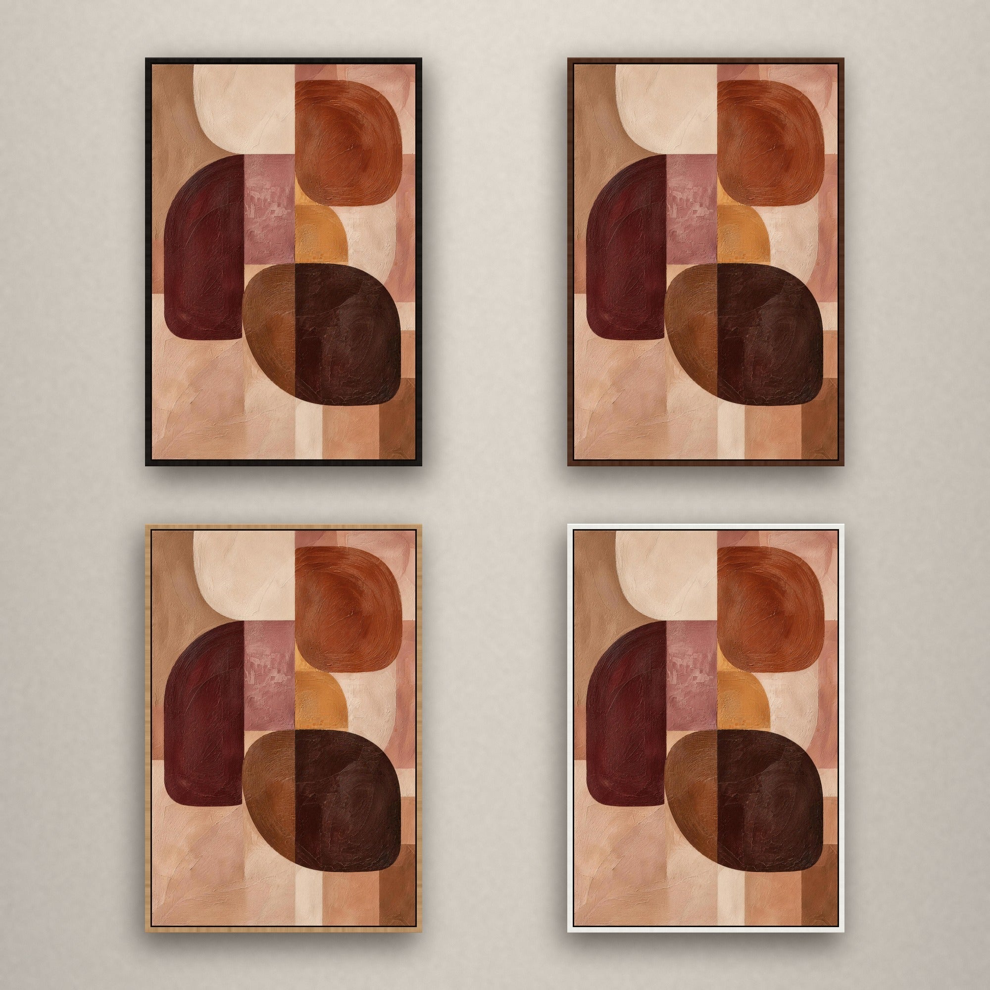 Soft Geometry in vier baklijsten naast elkaar: zwart, kastanje, naturel en wit