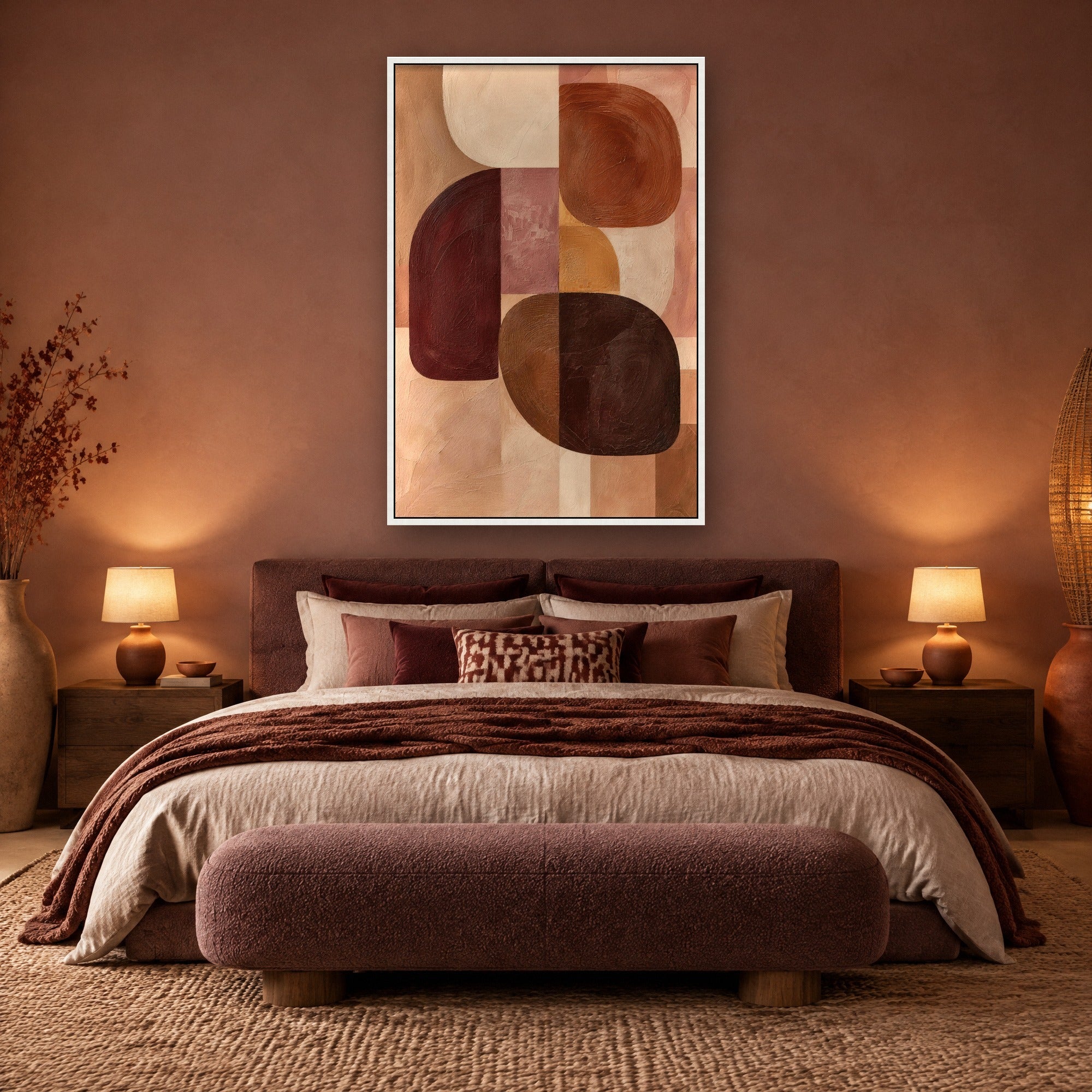 Soft Geometry sfeerbeeld met witte baklijst in een slaapkamer