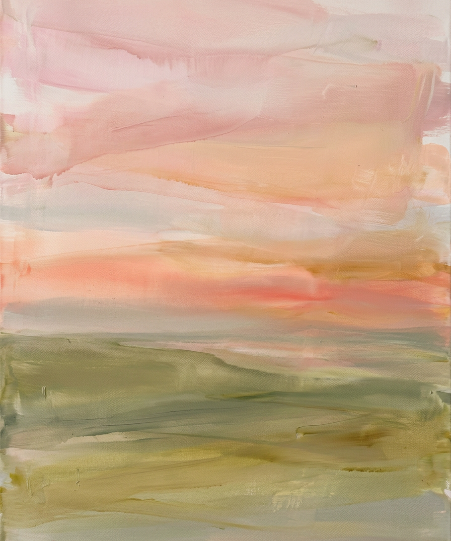 Soft Horizon - zacht abstract landschap in roze, perzik en olijfgroen