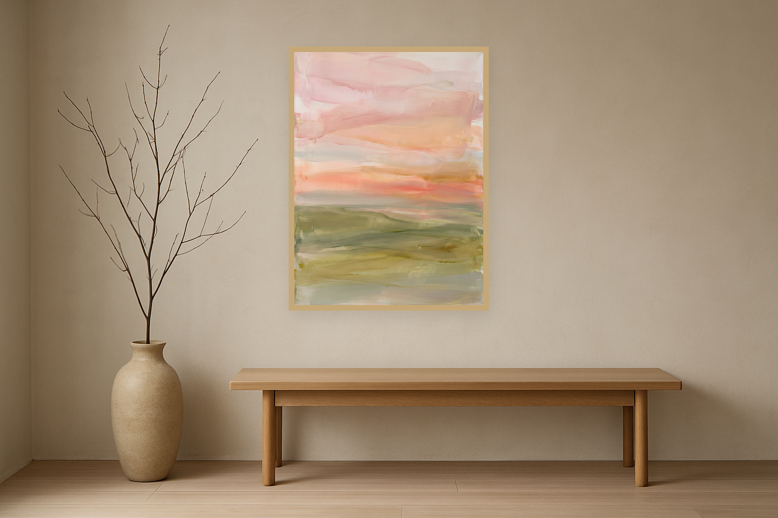 Soft Horizon van Wandkraft op canvas in blanke baklijst, in een licht Japandi interieur.