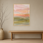 Soft Horizon van Wandkraft op canvas in blanke baklijst, in een licht Japandi interieur.