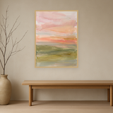 Soft Horizon van Wandkraft op canvas in blanke baklijst, in een licht Japandi interieur.