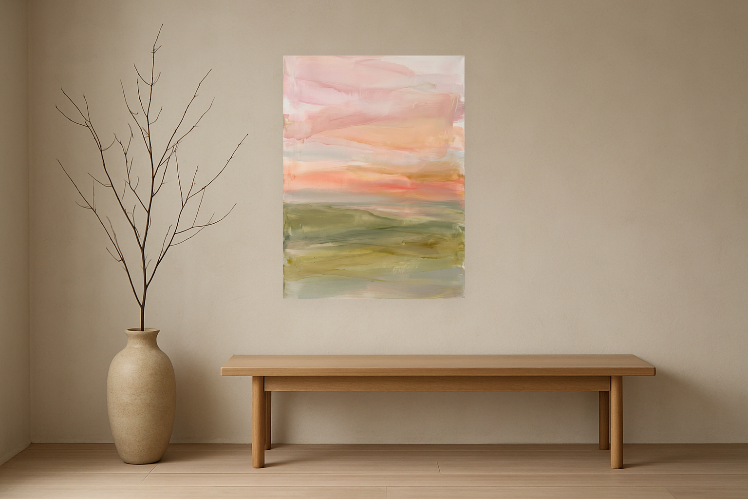 Soft Horizon van Wandkraft op canvas zonder lijst, vlak aan de muur, in een licht Japandi interieur.