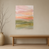 Soft Horizon van Wandkraft op canvas zonder lijst, vlak aan de muur, in een licht Japandi interieur.