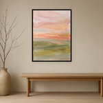 Soft Horizon van Wandkraft op canvas in zwarte baklijst, in een licht Japandi interieur.