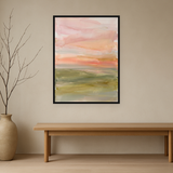 Soft Horizon van Wandkraft op canvas in zwarte baklijst, in een licht Japandi interieur.