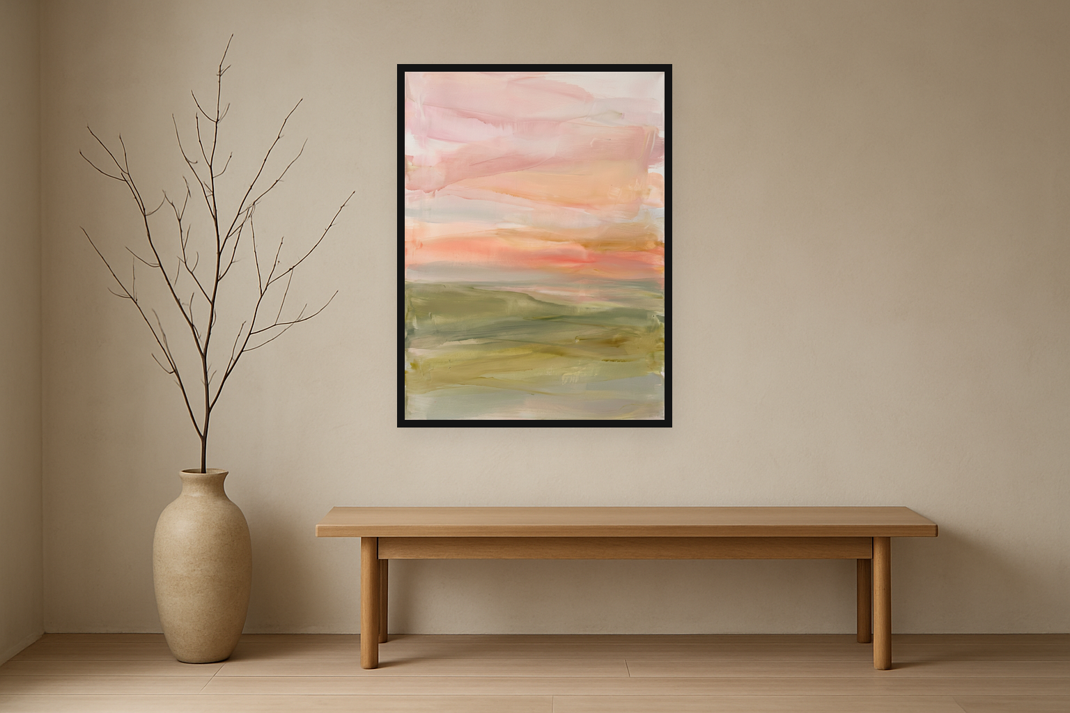 Soft Horizon van Wandkraft op canvas in zwarte baklijst, in een licht Japandi interieur.