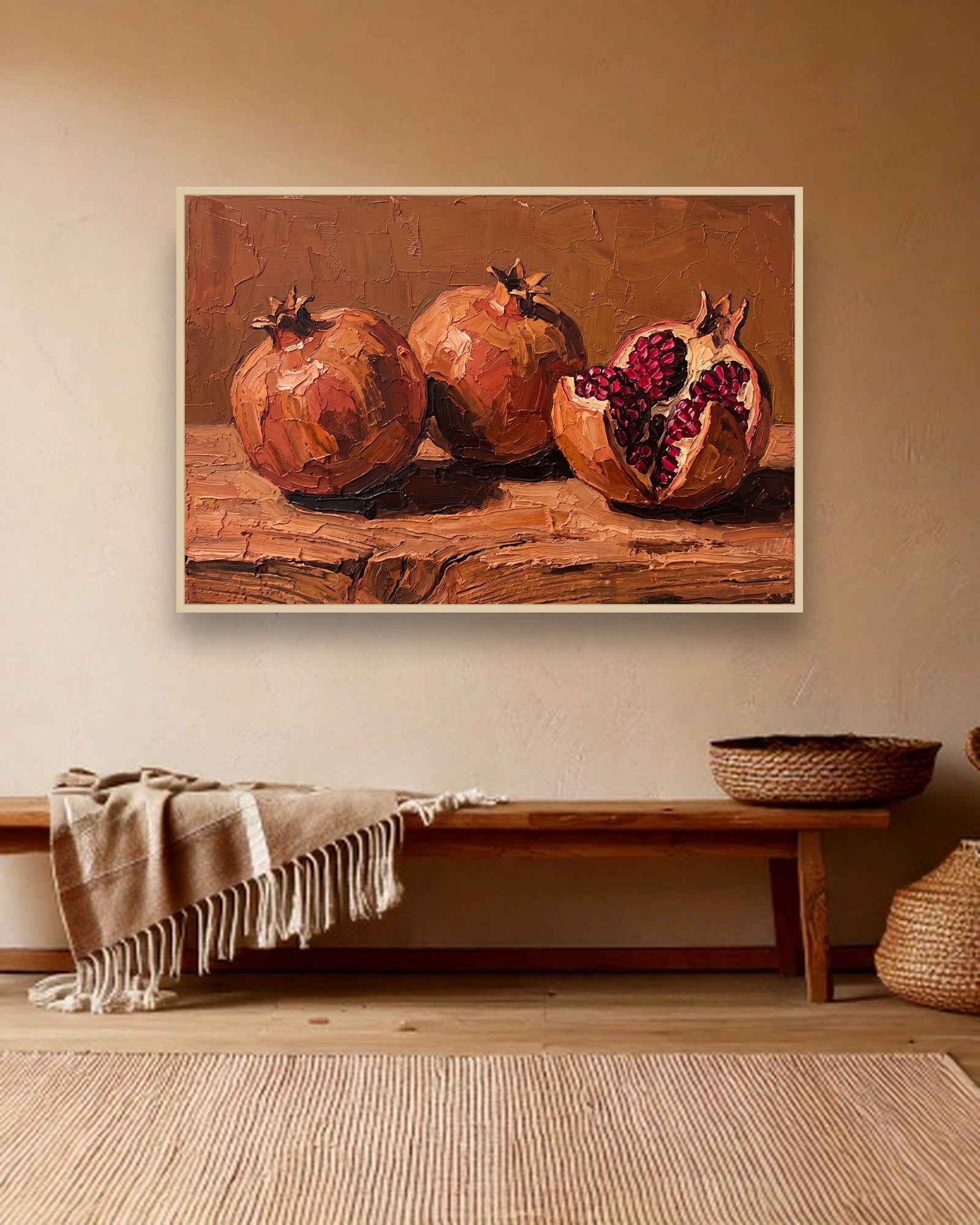 Split Pomegranate sfeerbeeld met blanke houten lijst in bohemien interieur