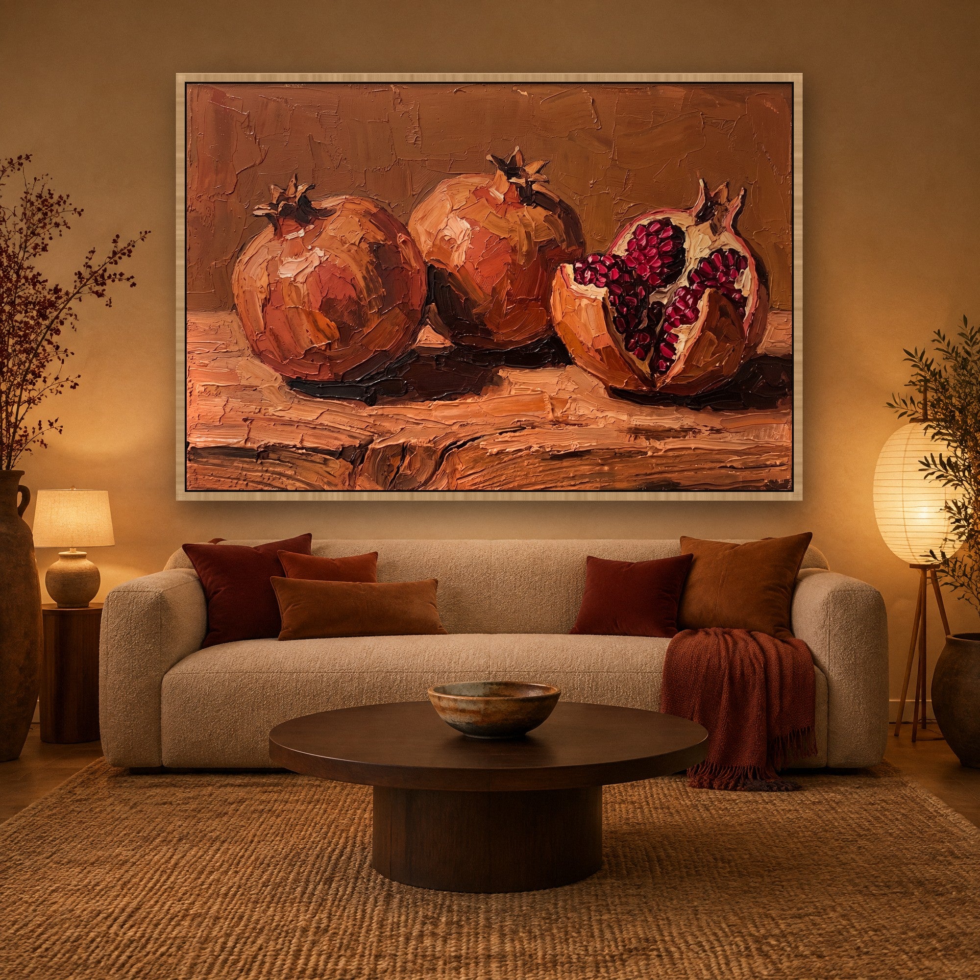 Split Pomegranate Stimmungsbild mit Schattenfugenrahmen in Naturholz im Japandi-Wohnzimmer