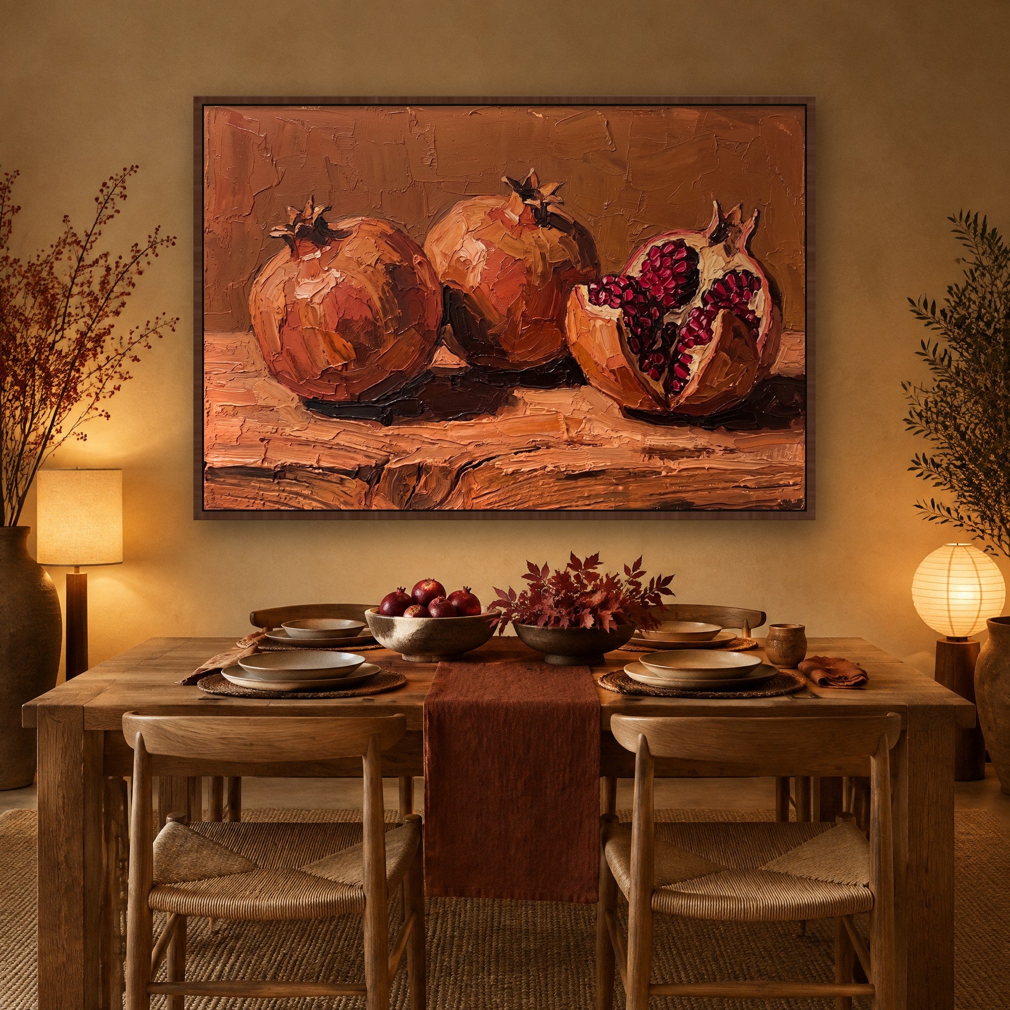 Split Pomegranate Stimmungsbild mit kastanienbraunem Schattenfugenrahmen im Japandi-Esszimmer