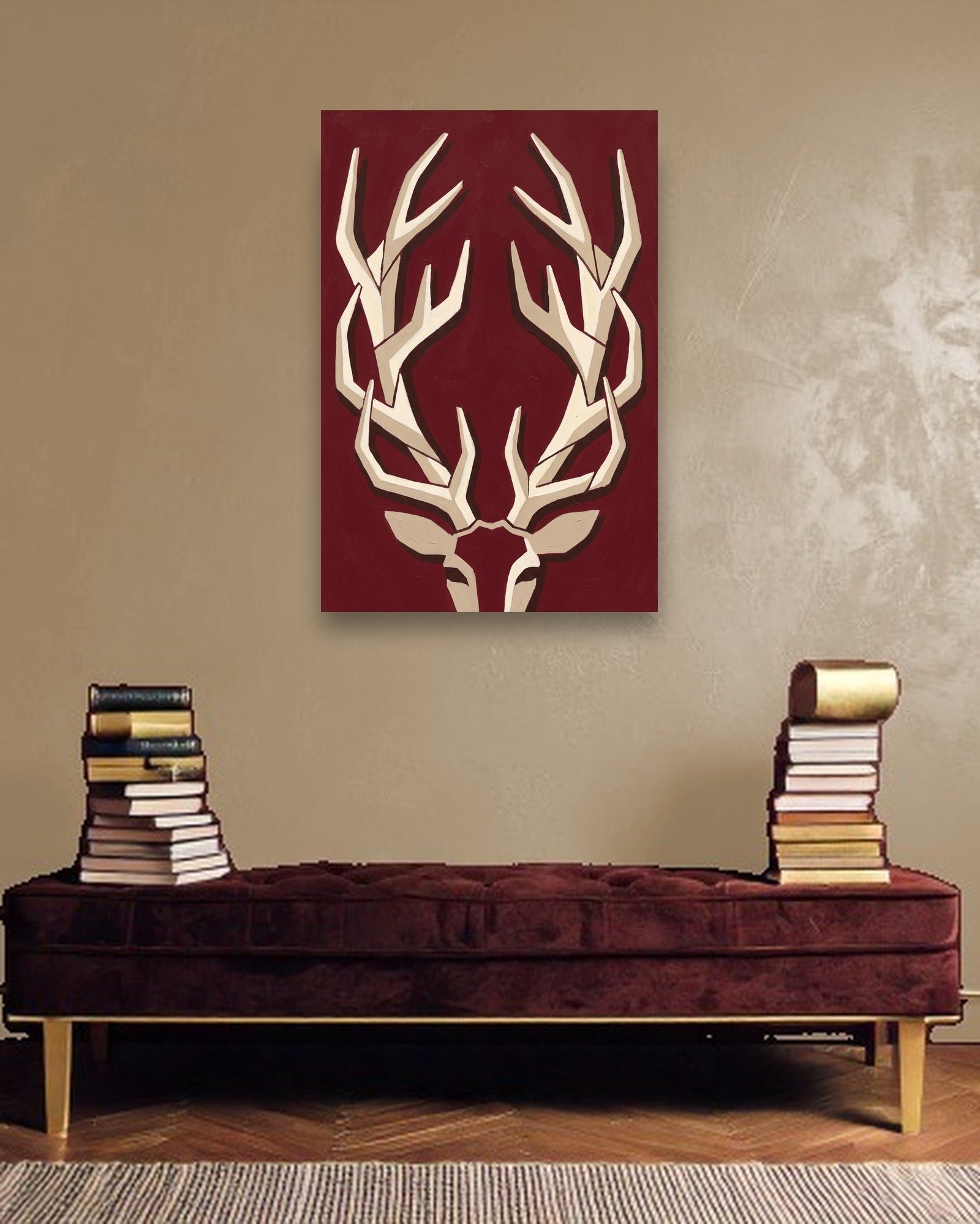 Stag in Bordeaux Stimmungsbild ohne Rahmen im modernen Interieur