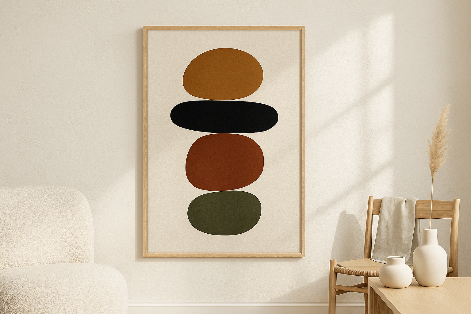 Still Balance van Wandkraft op akoestisch vilt in blanke baklijst, in een licht Scandinavisch interieur.