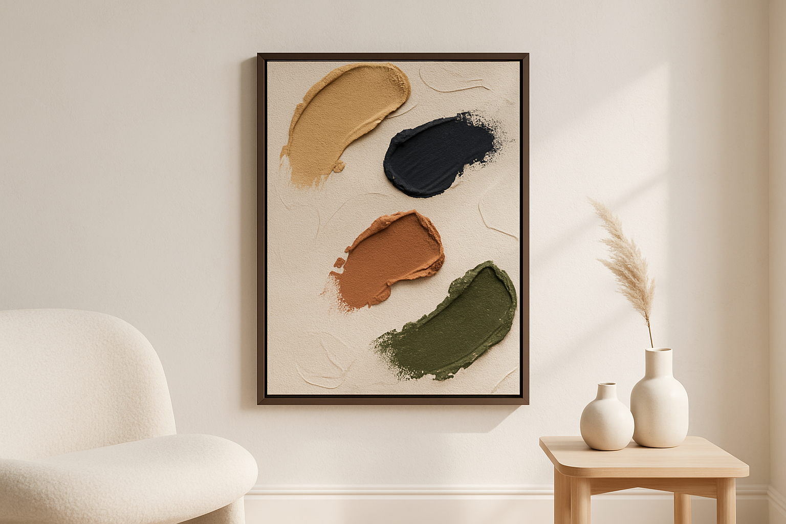 Still Balance van Wandkraft op akoestisch vilt in wenge baklijst, in een licht Scandinavisch interieur.