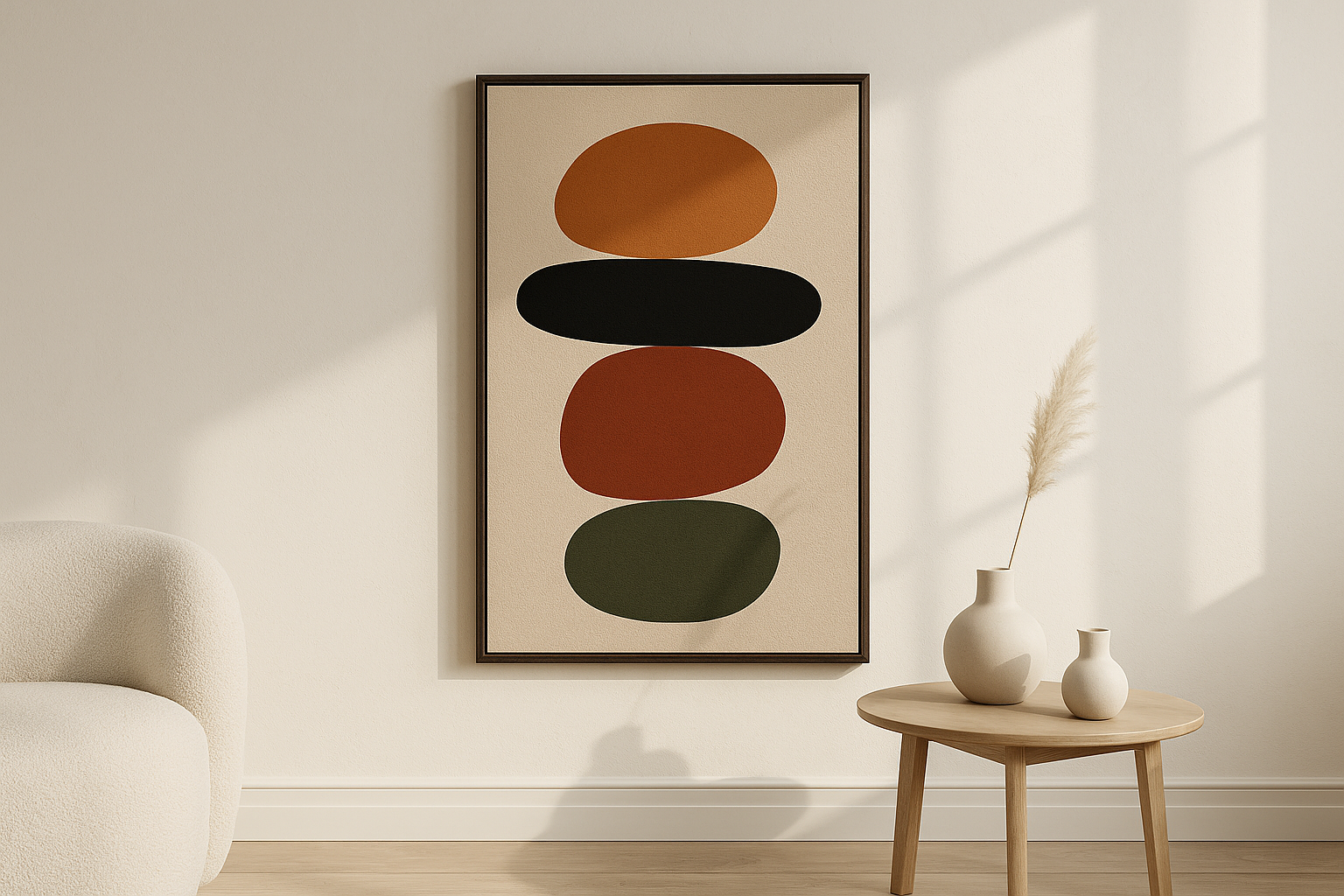 Still Balance van Wandkraft op akoestisch vilt in wenge baklijst, in een licht Scandinavisch interieur.