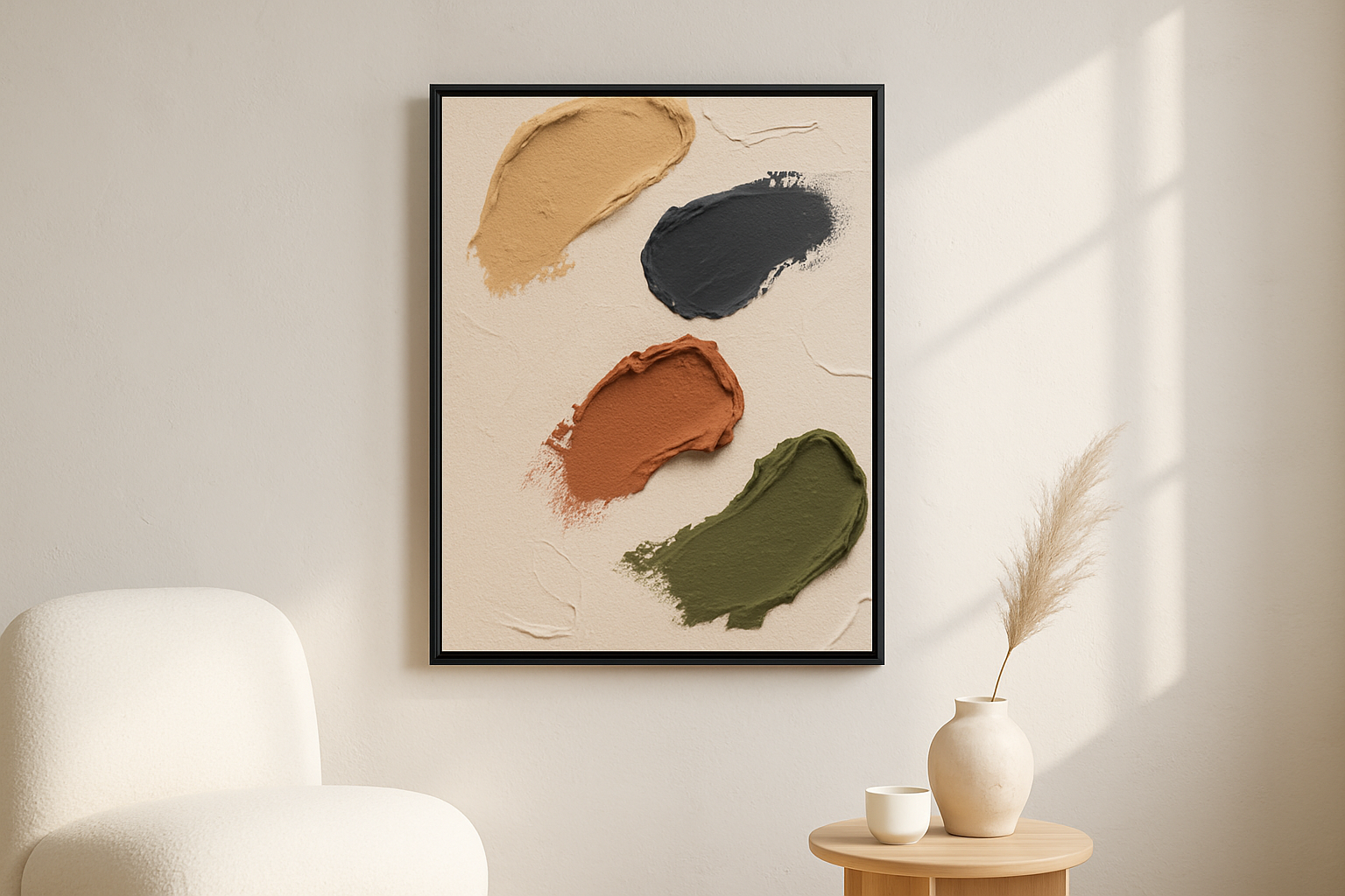 Still Balance van Wandkraft op akoestisch vilt in zwarte baklijst, in een licht Scandinavisch interieur.