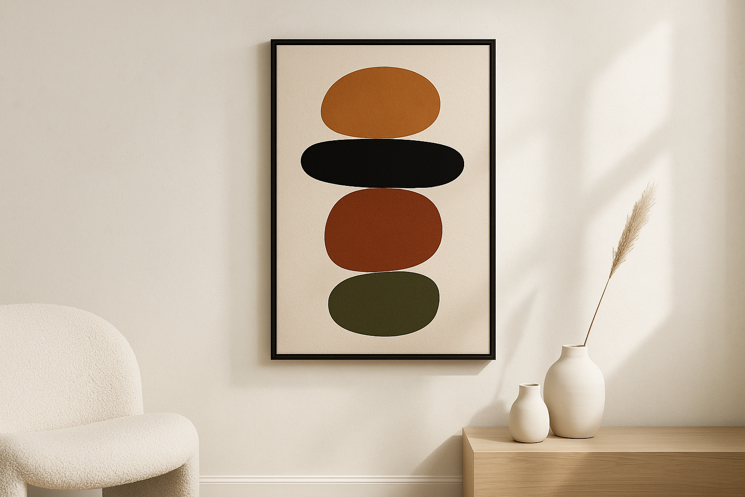 Still Balance van Wandkraft op akoestisch vilt in zwarte baklijst, in een licht Scandinavisch interieur.