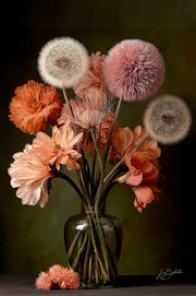 Wandkraft Wanddekoration: Wandkraft Wanddekoration mit orangefarbenen Blumen und riesigen Pusteblumen auf dunklem Hintergrund, eine Blüte liegt im Vordergrund. Für ein stilvolles Interieur
