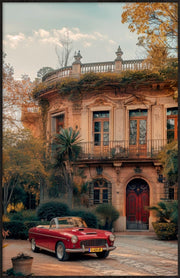 Décoration murale Wandkraft : décoration murale au cabriolet rouge vintage devant un château entouré de verdure, ambiance classique, collection Timeless Chateau. Pour un intérieur élégant