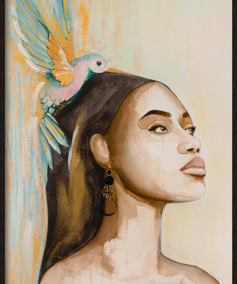 Woman and hummingbird (Outlet) Walldecoration Wandkraft Forex 98x148 cm Houten lijst blank
