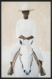 Décoration murale Wandkraft : Personne en tenue blanche sur un cheval blanc devant un fond neutre, décoration murale élégante Wandkraft à l'allure raffinée. pour un intérieur élégant