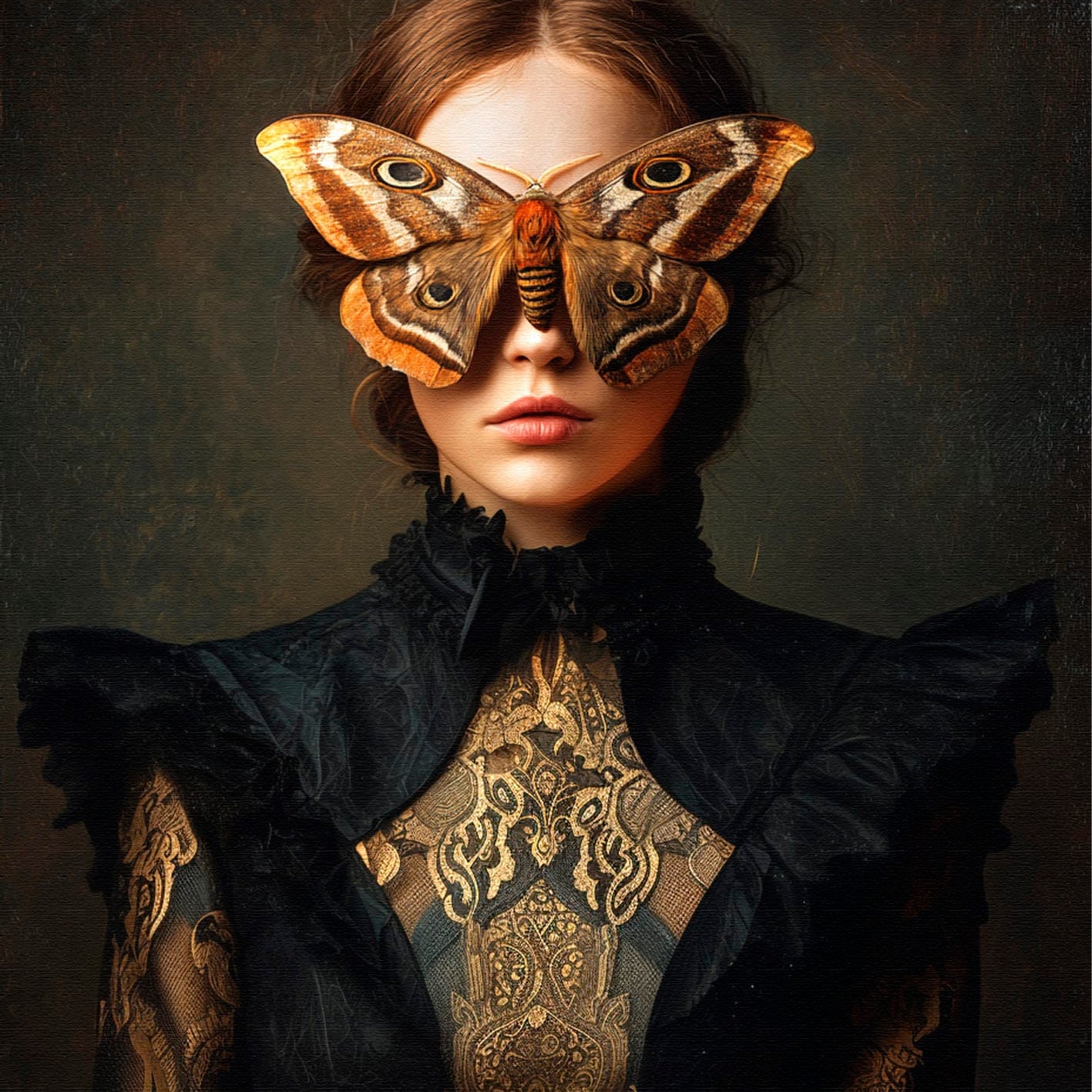 Wandkraft wanddecoratie: Muurkunst met surrealistisch portret van vrouw in zwart-gouden outfit, ogen bedekt door mot; vintage stijl Wandkraft schilderij. voor een stijlvol interieur