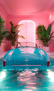Décoration murale Wandkraft : Cabriolet turquoise aux roues immergées dans une pièce rose avec des plantes tropicales ; œuvre murale colorée, style moderne. pour un intérieur élégant