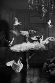 Wandkraft wanddecoratie: Wanddecoratie van een ballerina in tutu met wolken, zwanen en duiven in een moderne, lichte kamer. Sfeervol en modern ontwerp. voor een stijlvol interieur