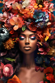 Wandkraft Wanddekoration: Frau mit auffälligem Make-up und farbenfroher Blumenkrone, moderner Stil, perfekt als Wanddekoration oder Wandkunst. Für ein stilvolles Interieur