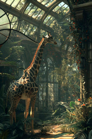 Wandkraft wanddecoratie: Giraffe in groene, zonovergoten kas vol hoge planten en varens; frisse, sfeervolle Wandkraft muurkunst. voor een stijlvol interieur