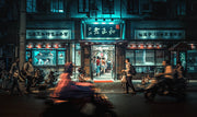 Wandkraft wanddecoratie: Levendige nachtelijke stadsstraat met mensen en scooters bij een verlicht restaurant, moderne wanddecoratie in levendige kleuren. voor een stijlvol interieur