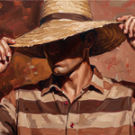 Straw Horizon - geschilderd portret man met strohoed wanddecoratie
