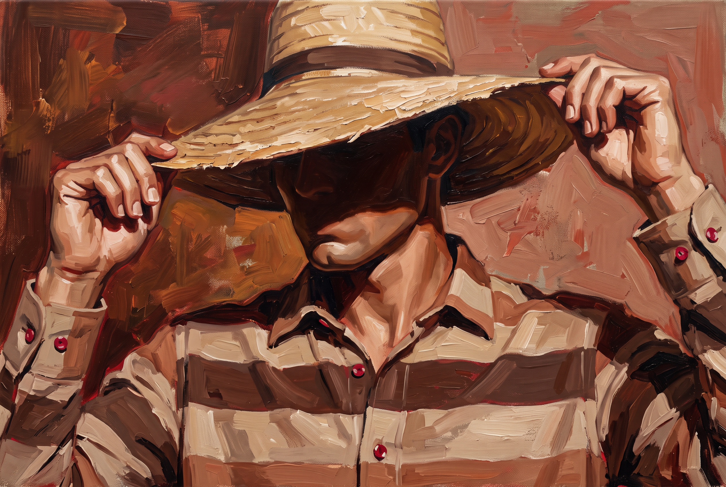 Straw Horizon - geschilderd portret man met strohoed wanddecoratie