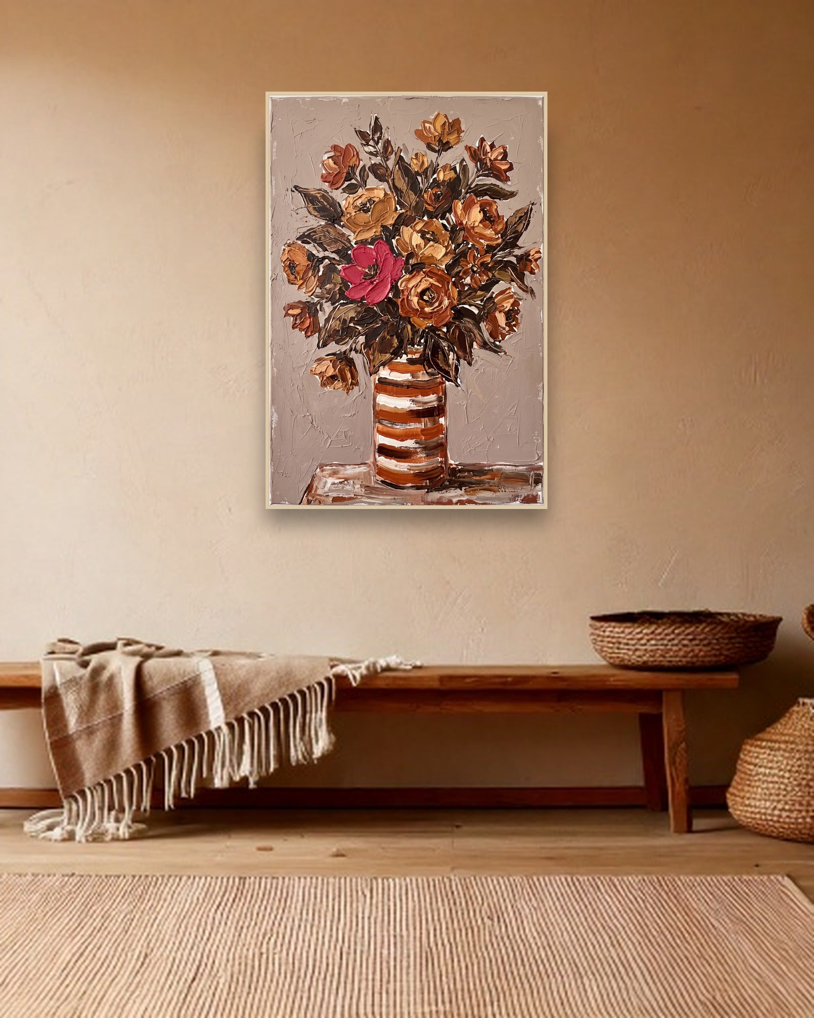 Striped Bouquet ambiance avec cadre en bois clair dans un intérieur bohème