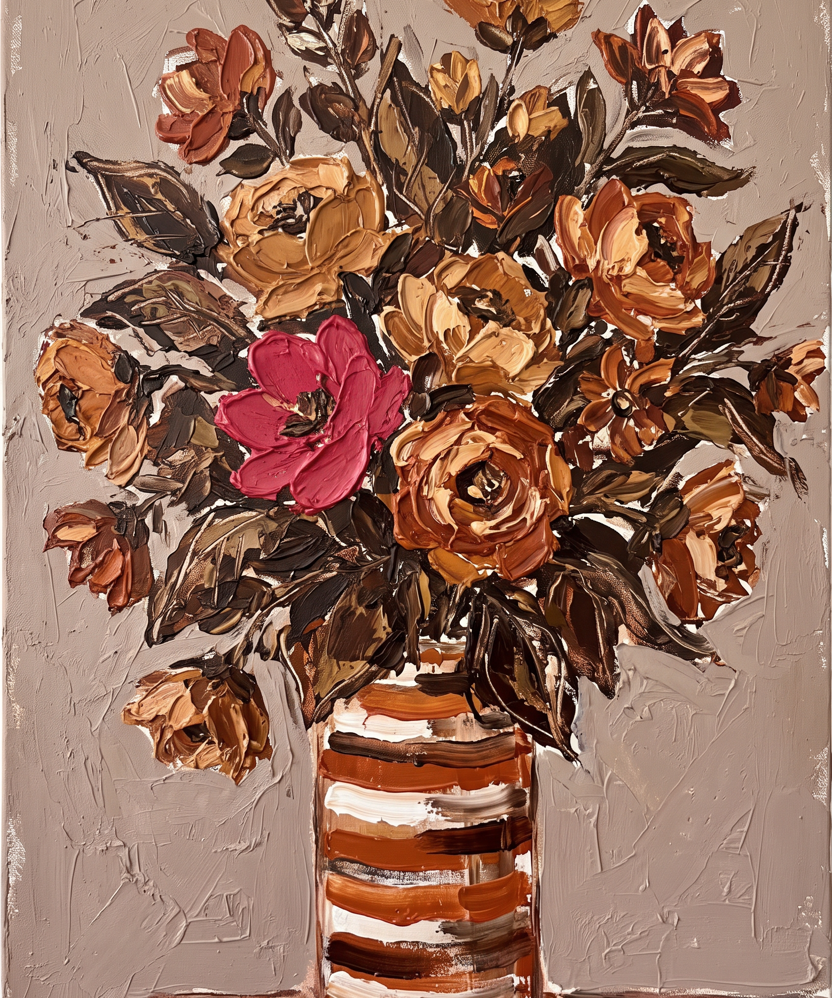 Striped Bouquet - boeket in gestreepte vaas, amber en brons, Wandkraft