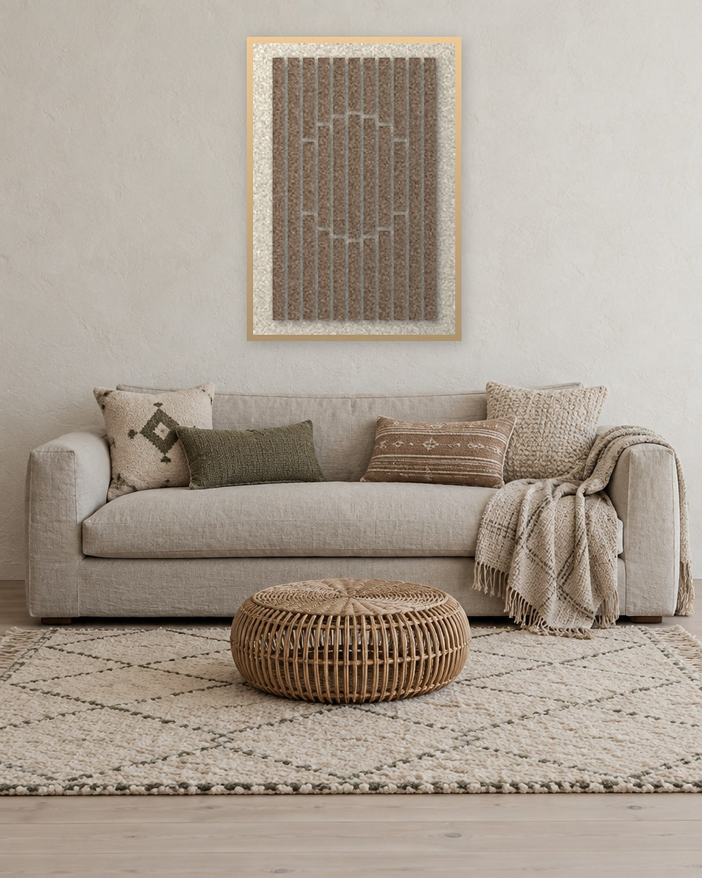 Panneau en feutre Striped Sun Cocoa avec cadre caisse naturel au mur