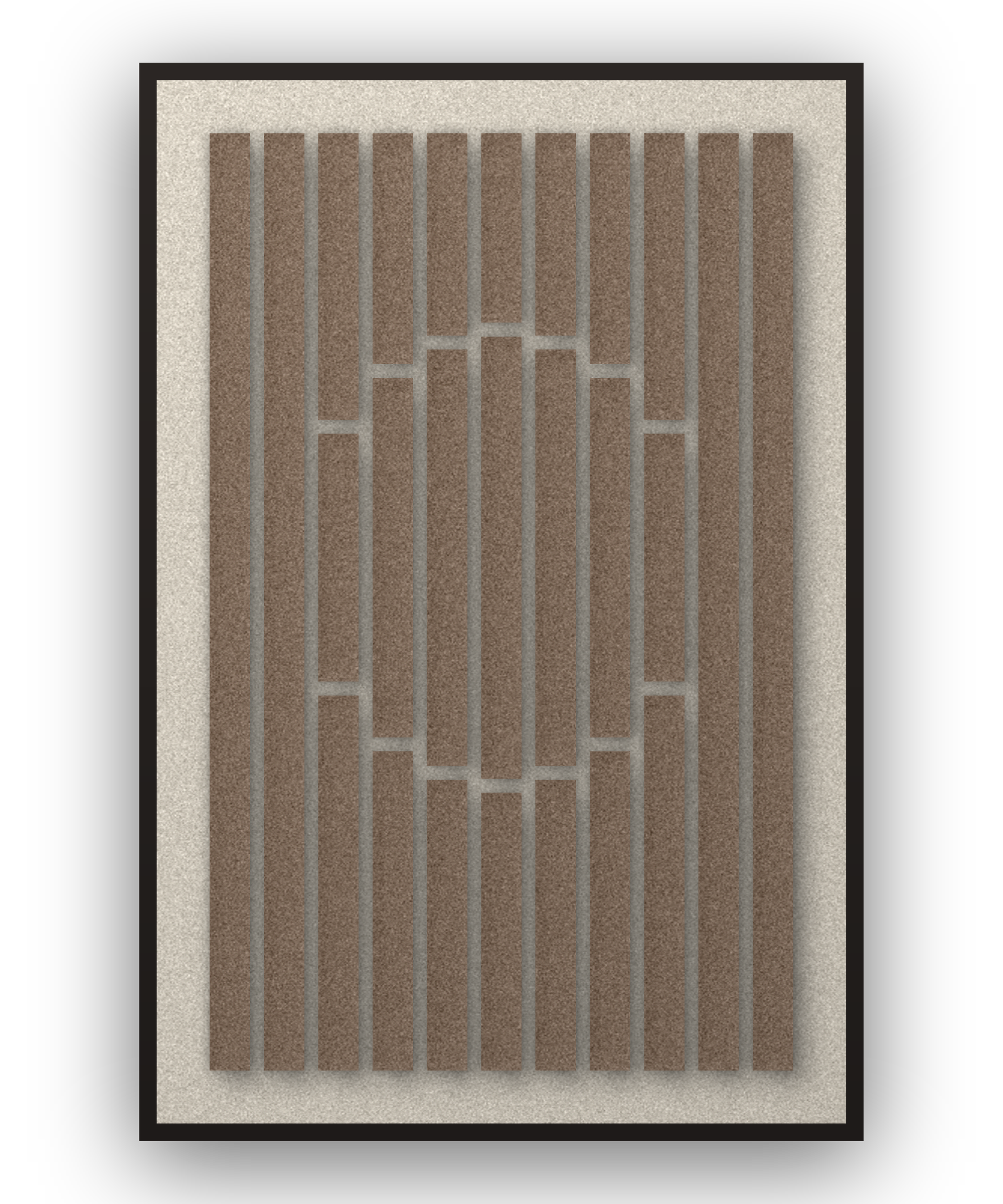 Striped Sun Cocoa Akustikfilz-Paneel mit aufgesetzten Elementen in Kaffeebraun auf Elfenbein, schwarzer Schattenfugenrahmen