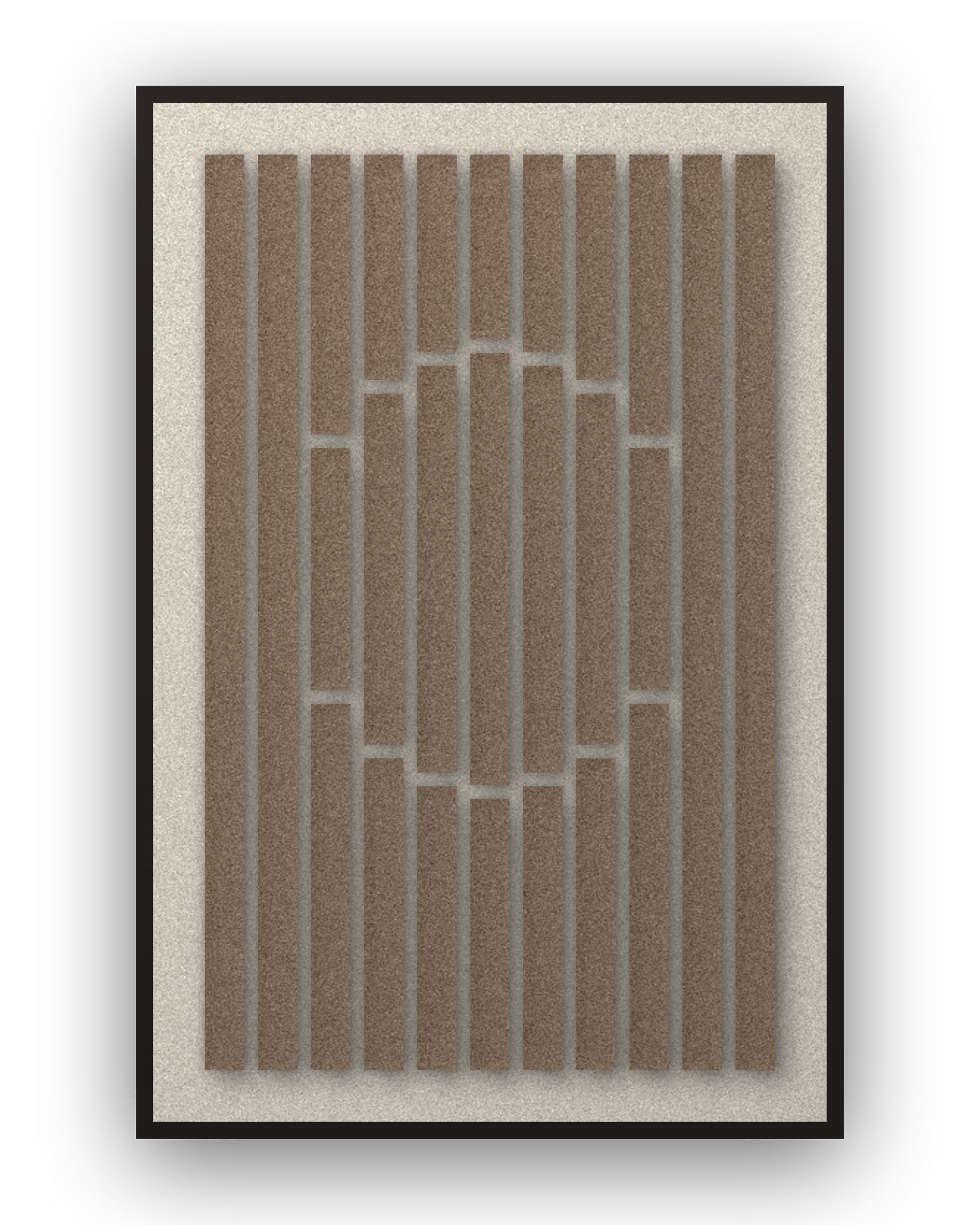 Panneau en feutre acoustique Striped Sun Cocoa avec éléments appliqués brun café sur ivoire, cadre caisse noir