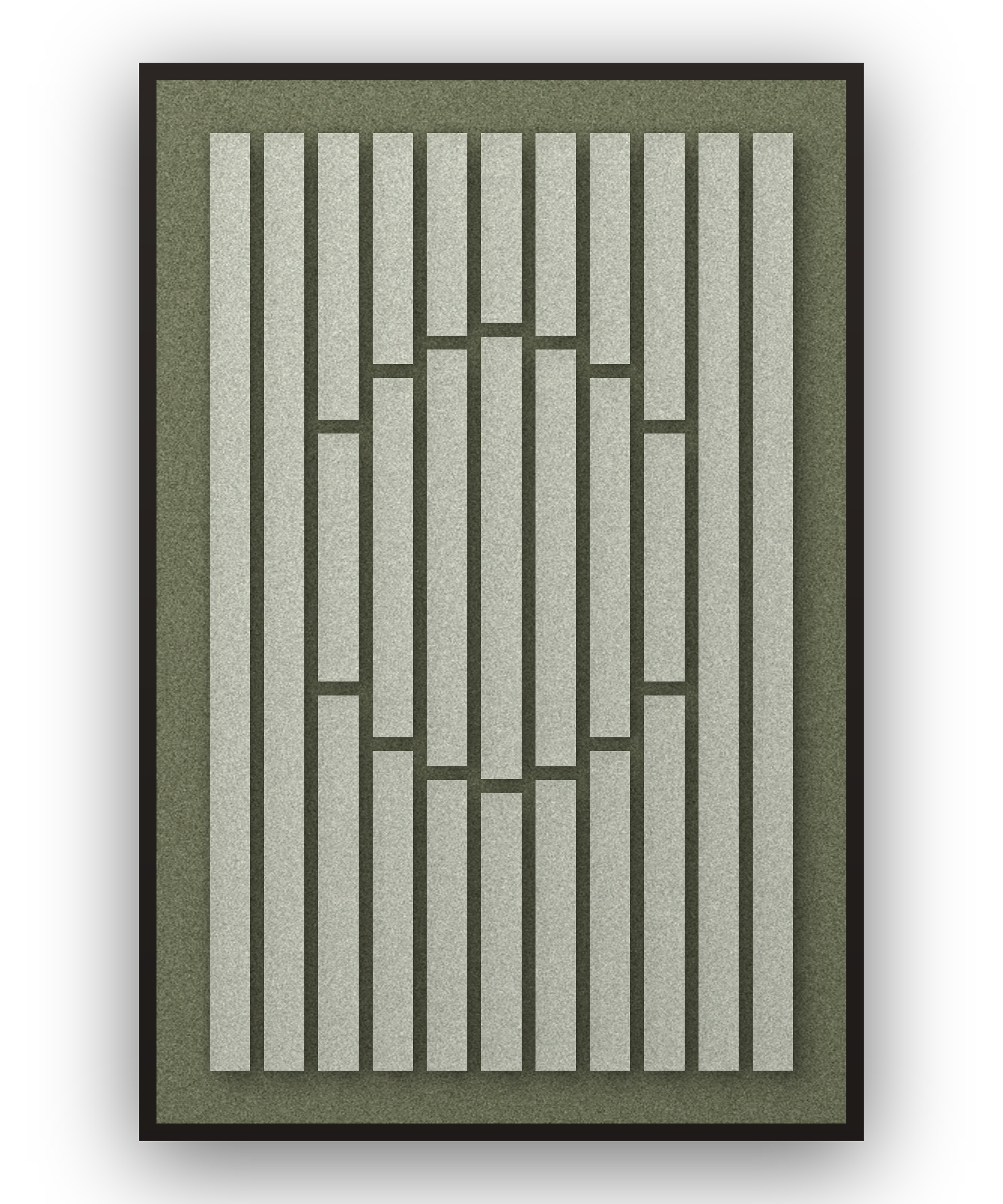Striped Sun Fern Akustikfilz-Paneel mit aufgesetzten Elementen in Graugrün auf Waldgrün, schwarzer Schattenfugenrahmen