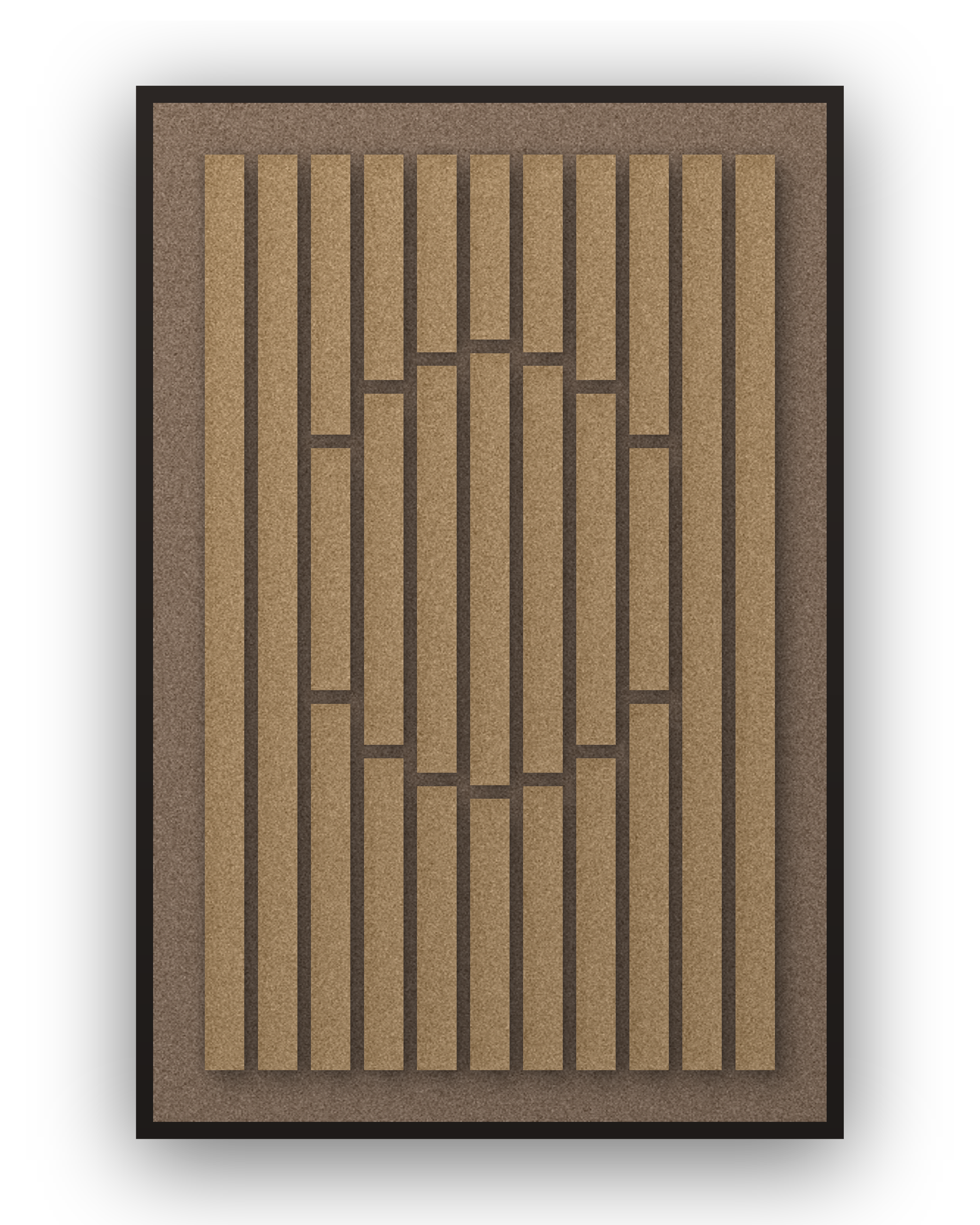 Panneau en feutre acoustique Striped Sun Latte avec éléments appliqués brun latte sur brun café, cadre caisse noir