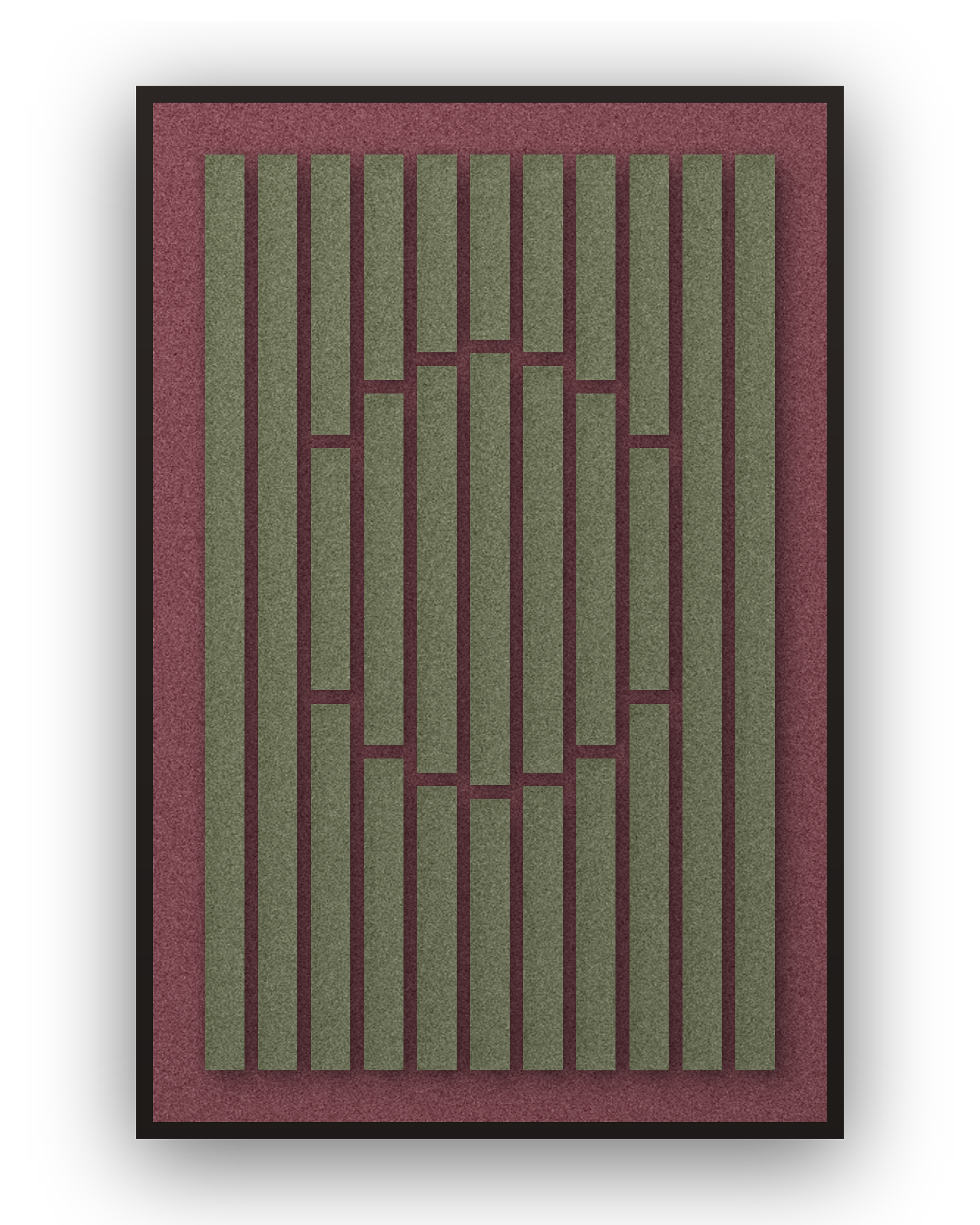 Panneau en feutre acoustique Striped Sun Wine avec éléments appliqués vert forêt sur bordeaux, cadre caisse noir