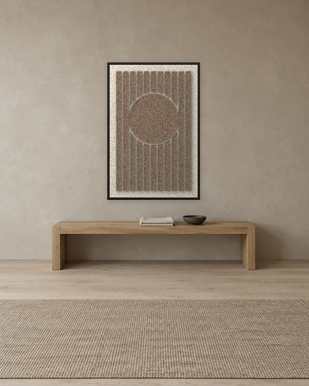 Panneau en feutre Sun Bend Cocoa avec cadre caisse noir au mur dans un intérieur scandinave