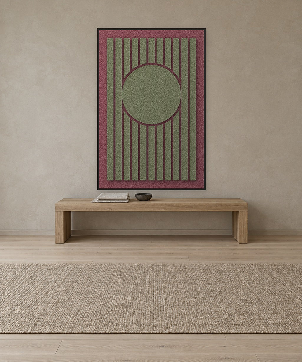 Sun Bend Wine Filzpaneel mit schwarzem Schattenfugenrahmen an der Wand in einem skandinavischen Interieur
