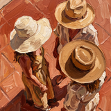 Sunday Hats - schilderij van drie vrouwen met brede hoeden van bovenaf gezien